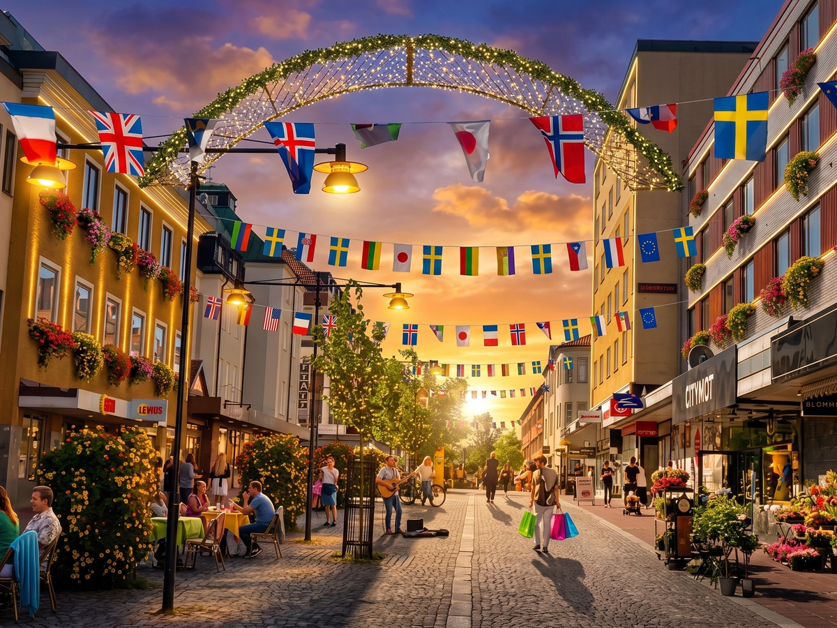 En stämningsfull bild över Ludvikas gågata under en sommarkväll. Bilden visar uteserveringar, folk som promenerar och vacker dekorativ belysning med flaggor från hela världen under en färgstark solnedgång.